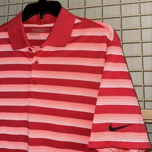 Nike Dri Fit Tour Performance Golf Tech Vent Striped Polo Red/Lava Mens Sz M